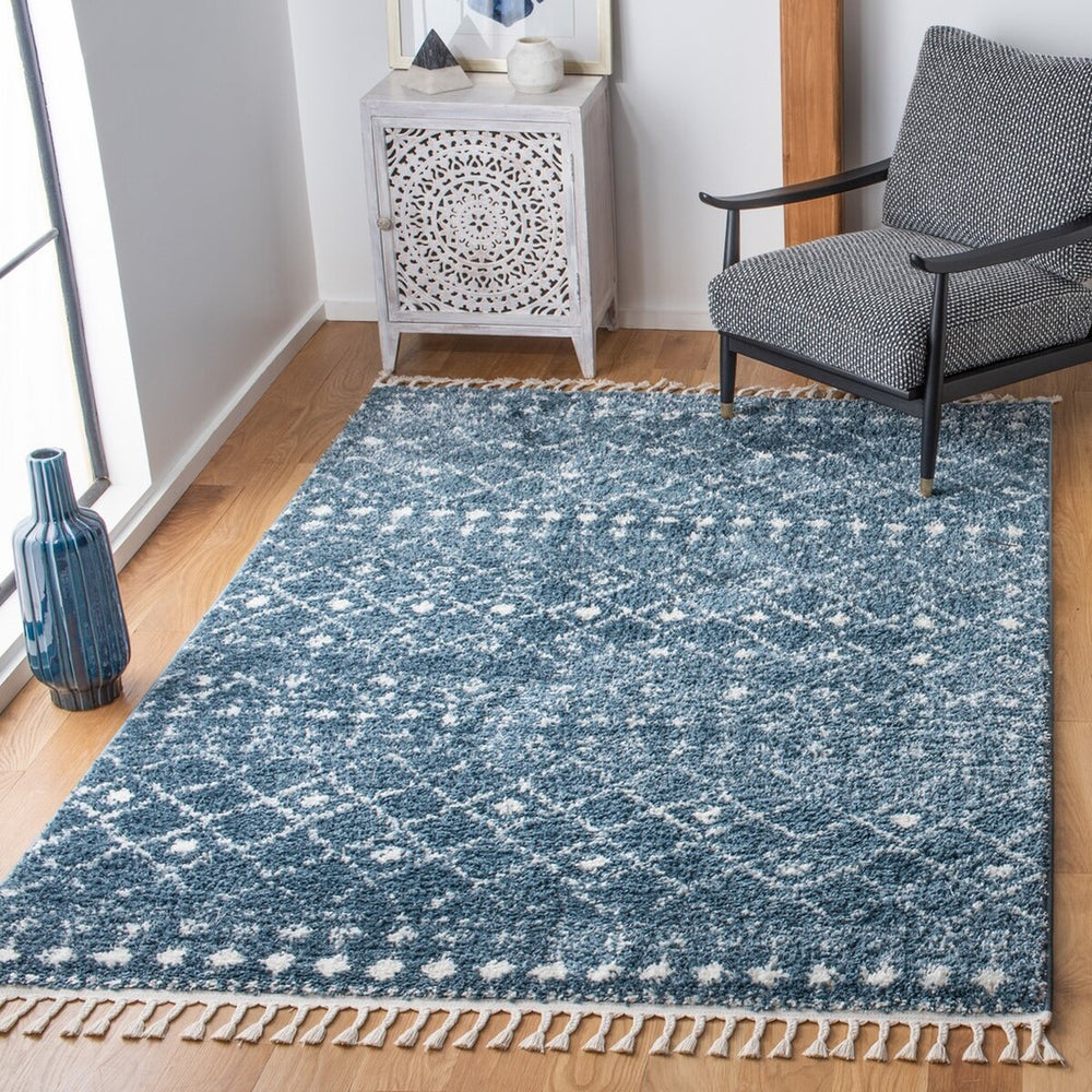 Berber Fringe Shag 519 Shag & Flokati Power Loomed 80% Polypropylene + 20% Polyester Rug Blue / Ivory