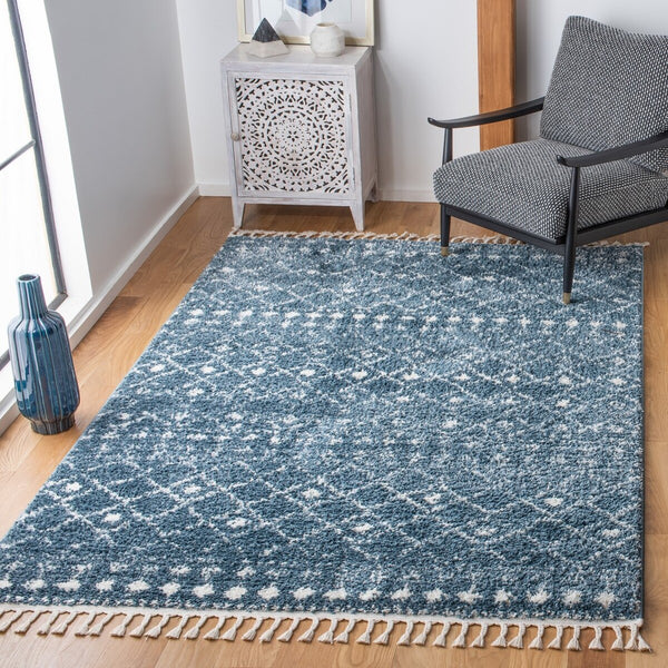 Berber Fringe Shag 519 Shag & Flokati Power Loomed 80% Polypropylene + 20% Polyester Rug Blue / Ivory