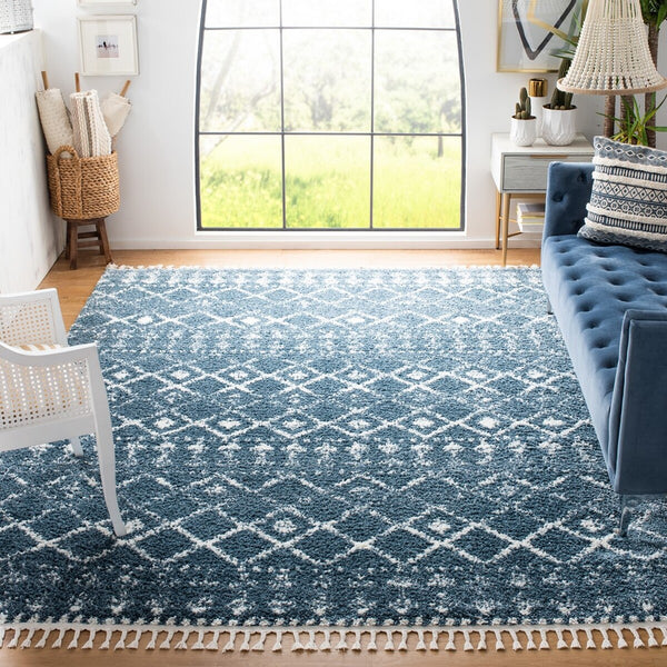 Berber Fringe Shag 519 Shag & Flokati Power Loomed 80% Polypropylene + 20% Polyester Rug Blue / Ivory