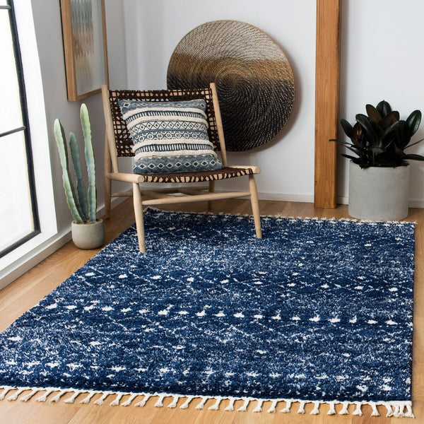Berber Fringe Shag 519 Shag & Flokati Power Loomed 80% Polypropylene + 20% Polyester Rug Dark Blue / Ivory