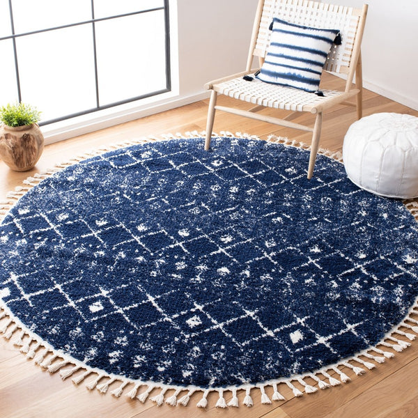 Berber Fringe Shag 519 Shag & Flokati Power Loomed 80% Polypropylene + 20% Polyester Rug Dark Blue / Ivory