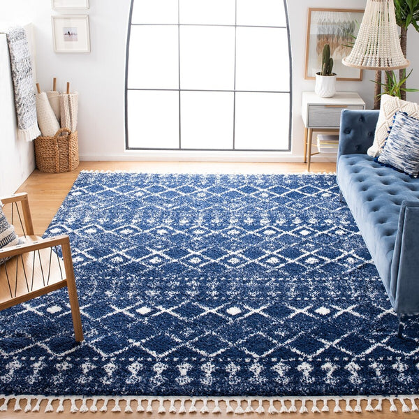 Berber Fringe Shag 519 Shag & Flokati Power Loomed 80% Polypropylene + 20% Polyester Rug Dark Blue / Ivory