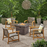 Breakwater Outdoor 5 Piece Wood and Wicker Club Chairs and Fire Pit Set, Mixed Mocha and Brown Noble House