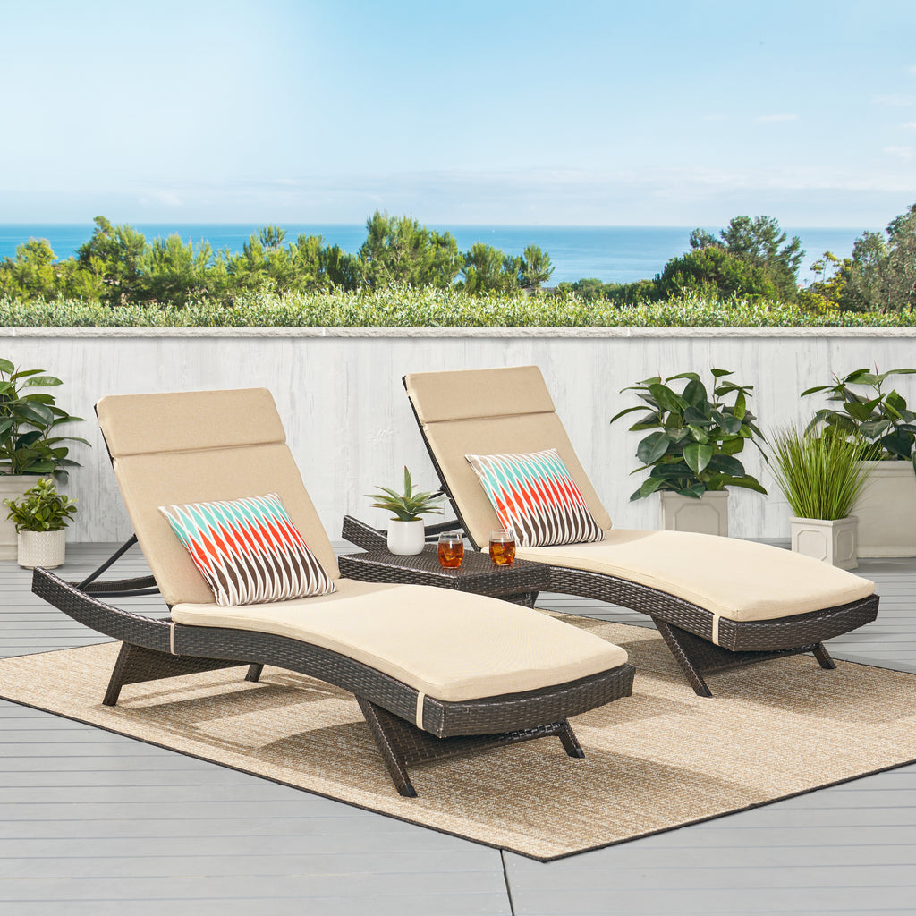 Noble House Salem 3 Piece Outdoor Multibrown Wicker Lounge with Textured Beige Water Resistant Cushions and Coffee Table