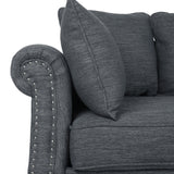 Manbow Contemporary Fabric Pillowback 3 Seater Sofa with Nailhead Trim, Charcoal and Dark Brown Noble House