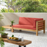 Oana Outdoor Acacia Wood Right Arm Loveseat and Coffee Table Set with Cushion, Teak and Red Noble House