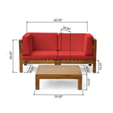Noble House Oana Outdoor Modular Acacia Wood Loveseat and Table Set with Cushions, Teak and Red