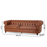 Litch Chesterfield Leather Tufted 3 Seater Sofa with Nailhead Trim, Cognac Brown and Brown Noble House