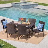 Noble House Neva Outdoor 7 Piece  Multibrown Wicker Dining Set with Foldable Table and Stacking Chairs