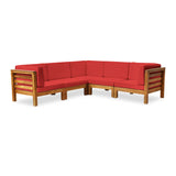 Oana Outdoor V-Shaped Sectional Sofa Set - 5-Seater - Acacia Wood - Outdoor Cushions - Teak and Red
