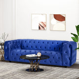 Sagewood Contemporary Velvet Tufted 3 Seater Sofa, Navy Blue and Espresso Noble House