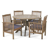Casa Acacia Patio Dining Set, 4-Seater, 47" Round Table with X-Legs, Gray Finish, Dark Gray Outdoor Cushions Noble House