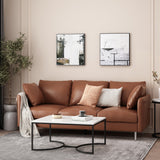 Brockbank Modern Faux Leather 3 Seater Sofa with Pillows, Cognac Brown and Silver Noble House