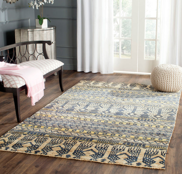 Bohemian 648  Hand Knotted 100% Jute Pile Rug Blue