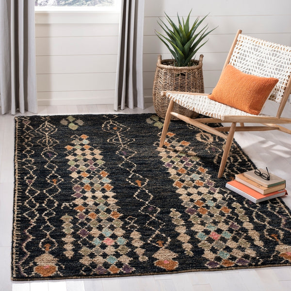 Bohemian 664  Hand Knotted 100% Jute Pile Rug Black / Beige