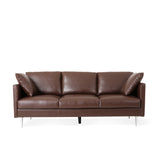 Brockbank Modern Faux Leather 3 Seater Sofa with Pillows, Dark Brown and Silver Noble House