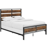 Walker Edison Industrial Queen Size Metal and Wood Plank Bed - Brown in Powder-Coated Metal, High-Grade MDF, Durable Laminate BQSLRW 842158101648