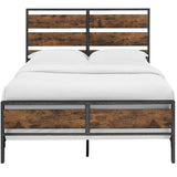 Walker Edison Industrial Queen Size Metal and Wood Plank Bed - Brown in Powder-Coated Metal, High-Grade MDF, Durable Laminate BQSLRW 842158101648