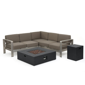 Cape Coral Outdoor Khaki V Shaped Sofa Set with Dark Grey Fire Table Noble House