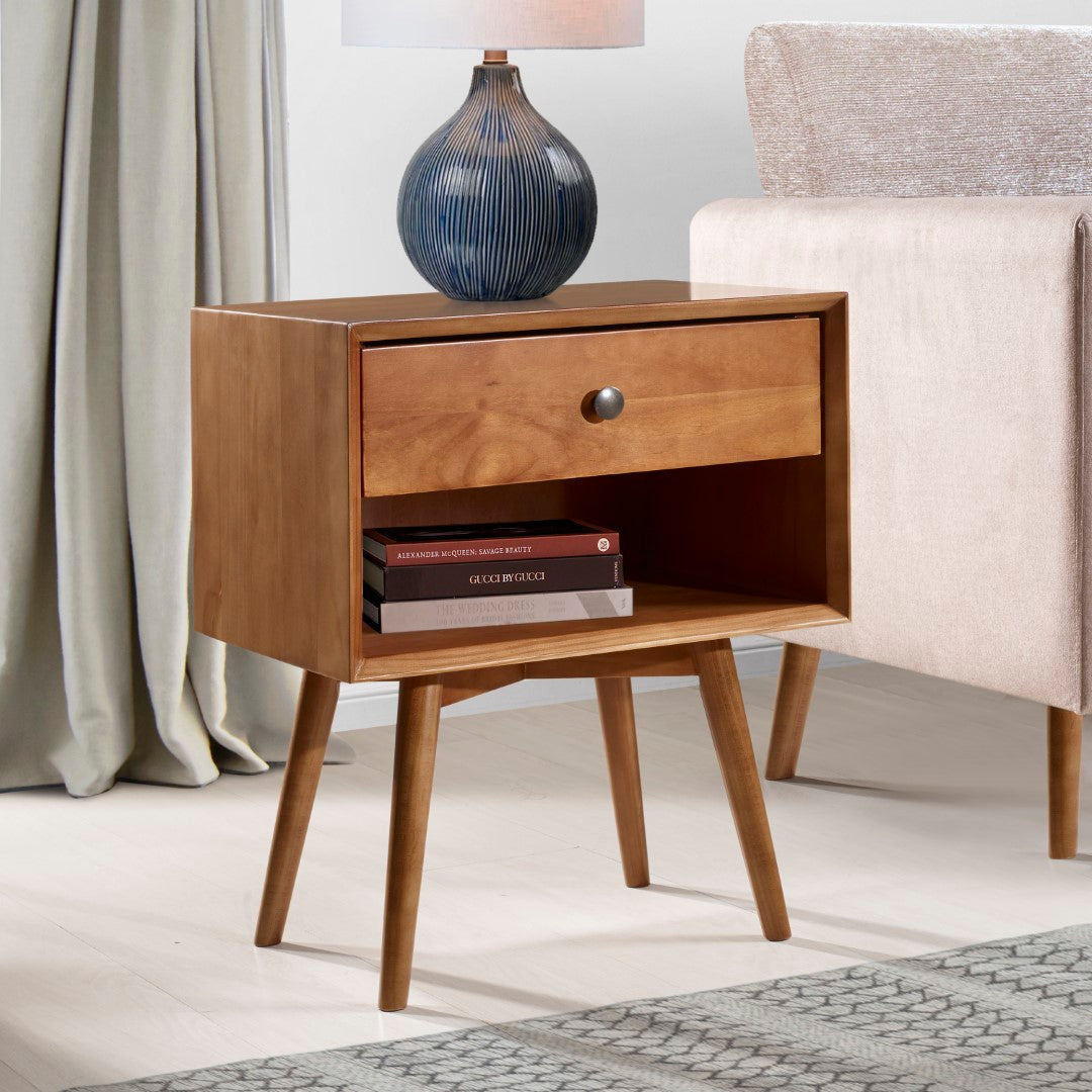 Mid-Century Solid Wood Nightstand with Antique Metal Hardware – Eco-Fr