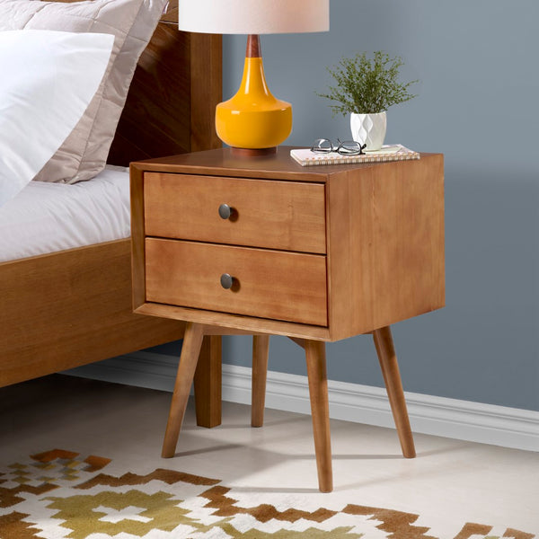 Walker Edison Mid-Century 2 Drawer Solid Wood Nightstand - Caramel in Solid Pine, Metal Hardware BR25MC2DCA 842158142368