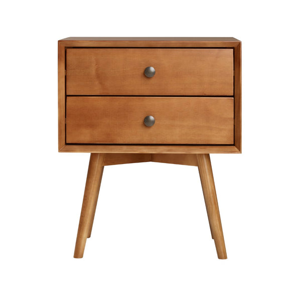 Walker Edison Mid-Century 2 Drawer Solid Wood Nightstand - Caramel in Solid Pine, Metal Hardware BR25MC2DCA 842158142368