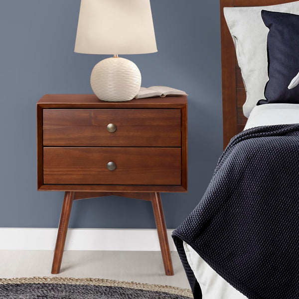 Walker Edison Mid-Century 2 Drawer Solid Wood Nightstand - Walnut in Solid Pine, Metal Hardware BR25MC2DWT 842158142351