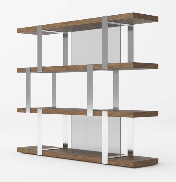 VIG Furniture Modrest Brewer - Modern Walnut Glass & Stainless Steel Bookshelf VGBBMQ2001SF-SHELF