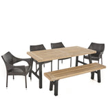 Hensley Outdoor 6 Piece Brushed Grey Acacia Wood Dining Set with Multibrown Wicker Stacking Chairs