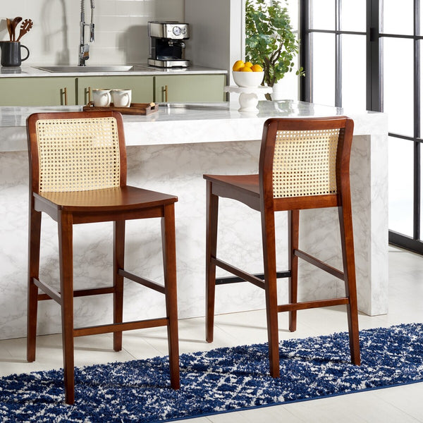 Safavieh Benicio Rattan Bar Stool - Set of 2 Dark Brown Body/ Natural Back Rest BST1507A-SET2