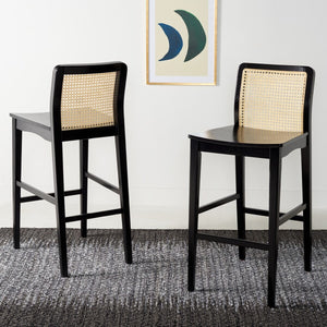 Safavieh Benicio Rattan Bar Stool - Set of 2 Black Body/ Natural Back Rest BST1507C-SET2