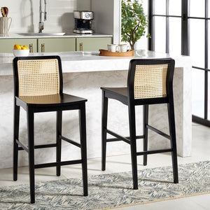 Safavieh Benicio Rattan Bar Stool - Set of 2 Black Body/ Natural Back Rest BST1507C-SET2