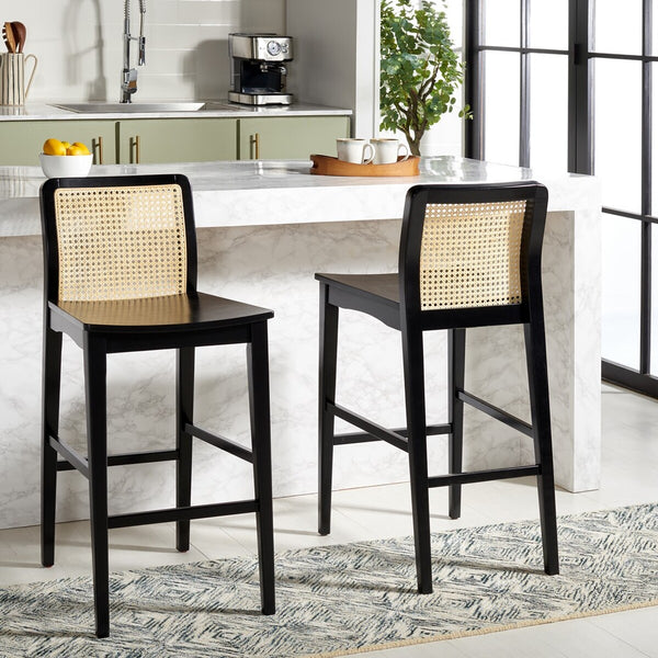 Safavieh Benicio Rattan Bar Stool - Set of 2 Black Body/ Natural Back Rest BST1507C-SET2