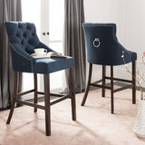 Safavieh - Set of 2 - Eleni Bar Stool Tufted Wing Back Navy Wood MDF Fire Foam Velvet BST6304A-SET2 889048447431