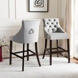 Safavieh - Set of 2 - Eleni Bar Stool Tufted Wing Back Grey Wood MDF Fire Foam Velvet BST6304B-SET2 889048447448