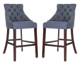 Safavieh - Set of 2 - Eleni Bar Stool Tufted Wing Back Navy Wood MDF Fire Foam Linen BST6304C-SET2 889048447455