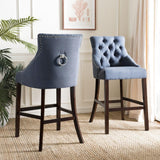 Safavieh - Set of 2 - Eleni Bar Stool Tufted Wing Back Navy Wood MDF Fire Foam Linen BST6304C-SET2 889048447455