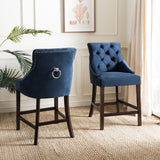 Safavieh - Set of 2 - Eleni Counter Stool Tufted Wing Back Navy Wood MDF Fire Foam Velvet BST6305A-SET2 889048447509