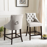 Safavieh - Set of 2 - Eleni Counter Stool Tufted Wing Back Light Grey Wood MDF Fire Foam Linen BST6305D-SET2 889048447530