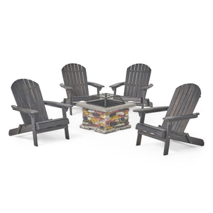 Marrion Outdoor 5 Piece Acacia Wood/ Light Weight Concrete Adirondack Chair Set with Fire Pit, Dark Grey Finish and Natural Stone Finish
