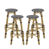 Noble House Starla Outdoor French Aluminum 29.5 Inch Barstools (Set of 4), Black, White, and Bamboo Finish