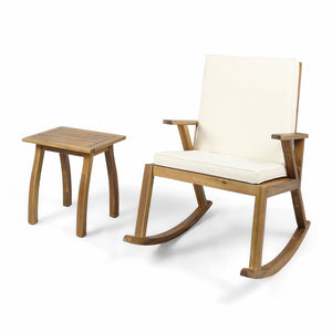 Champlain Outdoor Acacia Wood Rocking Chair and Side Table, Teak and Cream Noble House