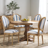 Noble House Dored French Country Fabric Upholstered Wood 5 Piece Dining Set, Dark Blue Stripe and Natural