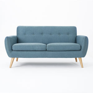 Josephine Mid-Century Modern Tufted Fabric Upholstered Sofa, Blue and Natural Oak