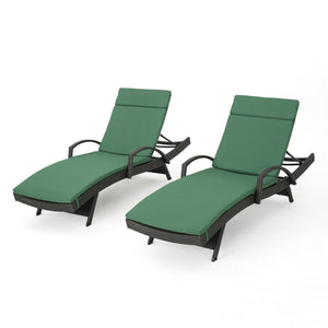 Salem Outdoor Grey Wicker Arm Chaise Lounges with Jungle Green Water Resistant Cushions Noble House