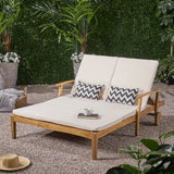 Perla Double Chaise Lounge for Yard and Patio, Acacia Wood Frame, Teak Finish with Cream Cushions Noble House
