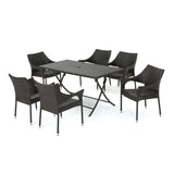 Darcy Outdoor 7 Piece  Multibrown Wicker Dining Set with Foldable Table and Stacking Chairs