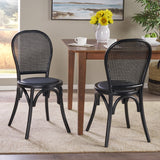 Chisum Beech Wood and Rattan Dining Chair with Faux Leather Cushion, Black Noble House