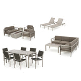 Cape Coral Outdoor Sofa and Chat Sets with a Glass Top Dining Set, Lounges, and a Light Grey Firepit Noble House