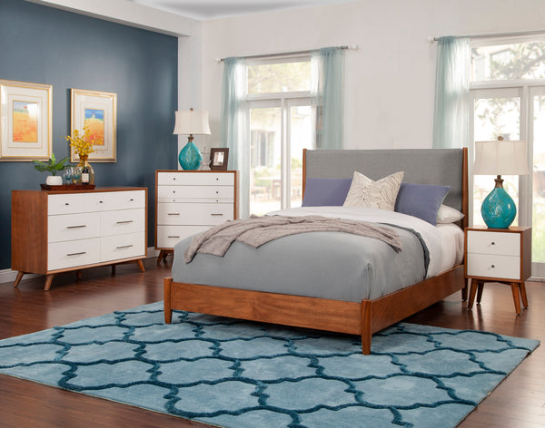Alpine Furniture Flynn Mid Century Modern Two Tone Standard King Panel Bed, Acorn/Grey 999-07EK Acorn  with Grey Upholstered Headboard Mahogany Solids & Okoume Veneer 80 x 86 x 52